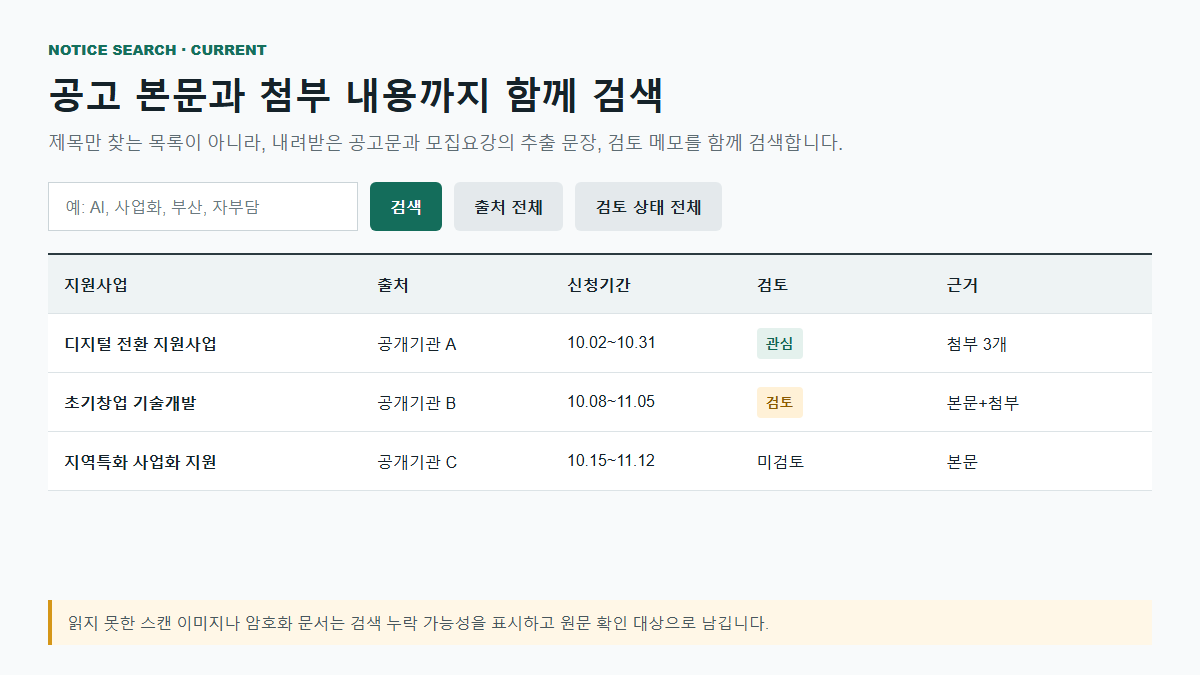 공고 본문과 첨부문서 내용을 함께 검색하는 화면 예시